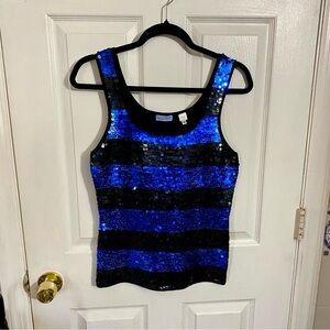 Acrobat-M-Blue & Black Striped Sequin Sparkle Bling Silk Tank Top Disco Dance